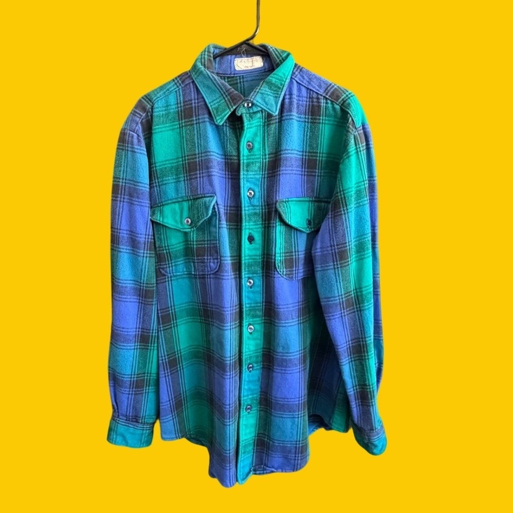 Vintage Teal Purple Shadow Plaid Heavy Flannel Shirt Boxy XL Grunge‎ Streetwear